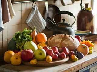 Fresh fruits, vegetables and bread on the countertop in the kitchen, interior home decoration concept, food concept