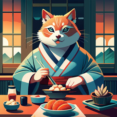 japanese cat in the form of a sumo wrestler eats sushi with chopsticks, vector illustration flat 2