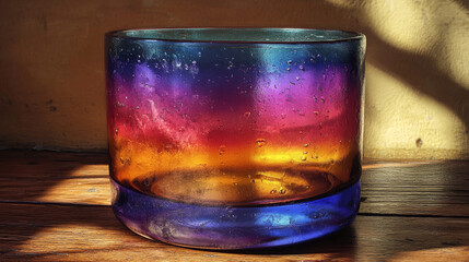 Wall Mural - Rainbow glass cup on a wooden table