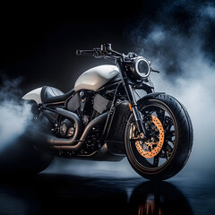 Motorcycle detail on a dark background with smoke, side view. 