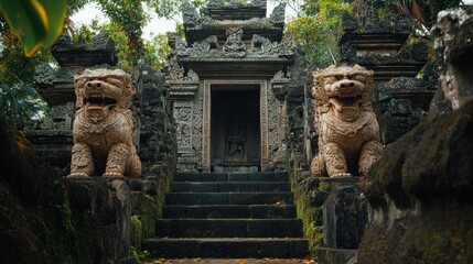 Ancient temple entrance flanked by stone lion statues amidst lush greenery.