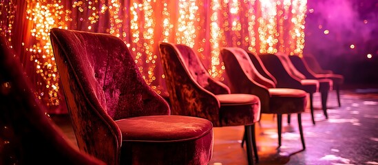 Stage Setup with Rose Gold Tulle, Sparkling Lights, Velvet Chairs