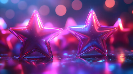 Wall Mural - Two Shiny Purple Stars Reflecting on a Smooth Surface with a Blurred Background of Pink and Blue Lights