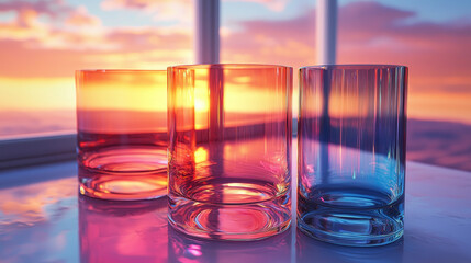 Three empty glasses on a table with a sunset view