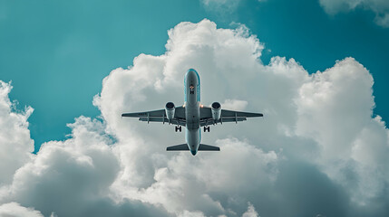 Airplane flying over fluffy white clouds in a blue sky.