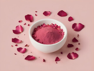 Rose petal powder in a small bowl with dried rose petals scattered around