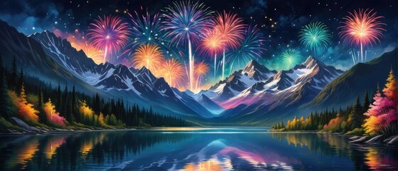 Wall Mural - Fireworks Over Mountain Lake