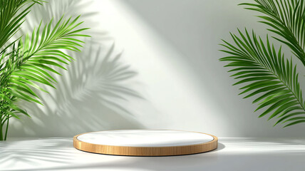 Poster - Minimalist display stand surrounded by lush green palm leaves in a bright, serene interior space