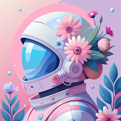 a spacesuit wrapped in delicate flowers, side view, vector illustration flat 2