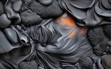 A textured blend of leaf veins, river stones, and volcanic ash, swirling together in an abstract, nature-inspired background