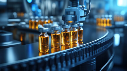 Poster - A conveyor belt with bottles of medicine on it. The bottles are being filled and labeled
