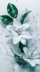 Wall Mural - White lilies with green leaves falling into water creating a splash.