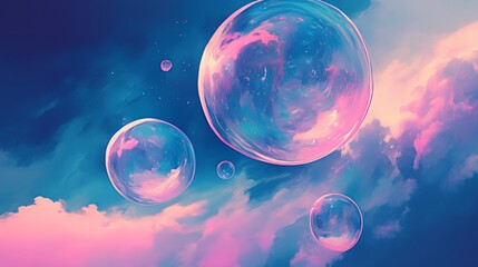 Wall Mural - A Surreal Dreamscape of Floating Bubbles Against a Pink and Blue Sky