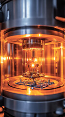 Poster - A glass container with a glowing object inside. The object is surrounded by a metal casing. Concept of mystery and intrigue, as the viewer cannot see the object clearly