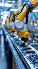 Poster - A robot is working on a line of computer chips. The robot is yellow and white