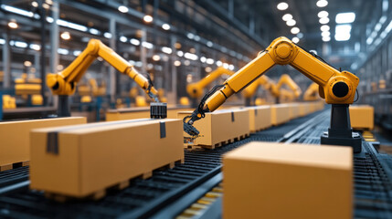 Poster - A factory with robots working on boxes. The robots are yellow and are working on a conveyor belt