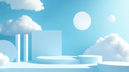 Poster - A serene blue landscape featuring geometric shapes and fluffy clouds under a bright sky