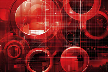 Wall Mural - Abstract red and black techno-inspired circles and grid patterns layered in a futuristic design for technology and innovation visuals.