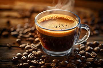 Aromatic Coffee in a Clear Mug Surrounded by Roasted Beans