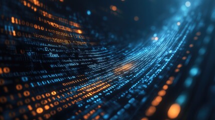 Abstract digital data stream with glowing binary code in blue and orange.