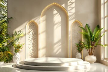 Poster - White round podium with arched windows, plants, and sunlight.