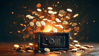 Wall Mural - Digital safe bursting with coins, symbolizing financial freedom in vibrant 3D illustration