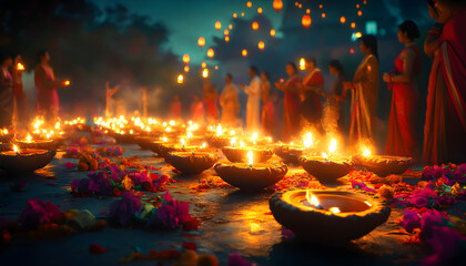 Wall Mural - illustation of Diwali festival of lights tradition Diya oil lamps against dark background