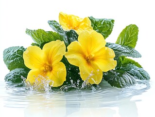 Wall Mural - Yellow flowers with green leaves and water splash on white background.