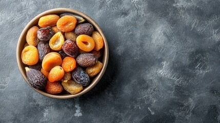 Dried figs, apricots, and dates in a bowl on a grey surface, top view, copy space on the right