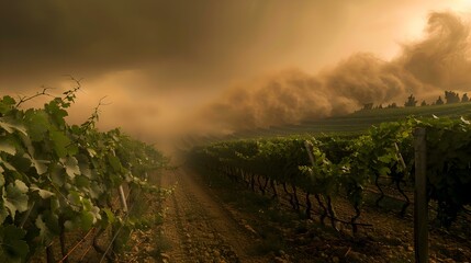 Poster - Vineyard Landscape with Smoke and Fog