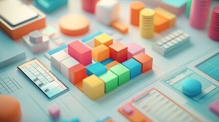 Poster - Floating 3D blocks showing various business costs in sections, top view, with room for copy.