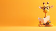© Weerapat - A cheerful giraffe wearing glasses reads a book, set against a vibrant orange background, perfect for education and fun.