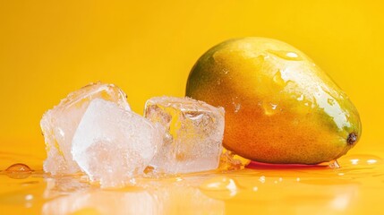 A ripe mango beside ice cubes on a vibrant yellow background, evoking freshness and summer.