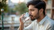 © N7 - Indian person drinking water outdoors.