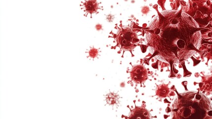 Red virus cells floating in the air on a white background, with space for copy.