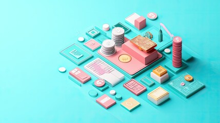 Poster - Simplified 3D business cost structure with floating icons, top view, with room for text.