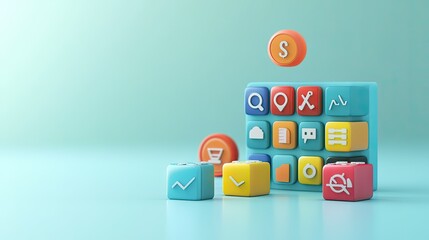 Poster - Simplified 3D business cost structure with floating icons, top view, with room for text.
