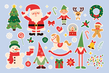 Wall Mural - a collection of christmas-themed stickers featuring santa claus, elves, reindeer, and other festive 