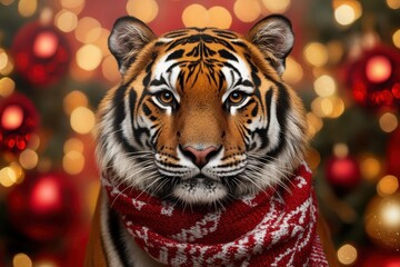 Festive tiger in Christmas scarf with holiday decorations