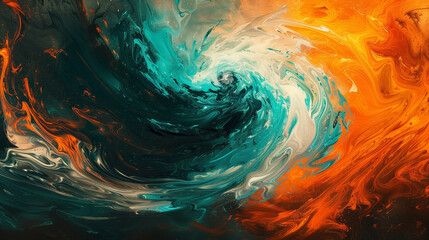 Abstract swirling teal and orange fluid design with energetic motion and vibrant contrast, creating a captivating modern visual for tech backgrounds.