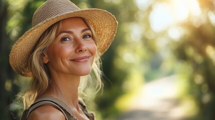 A cheerful woman in a straw hat smiles warmly in a sunlit nature trail, reflecting happiness and serenity in a lush environment.