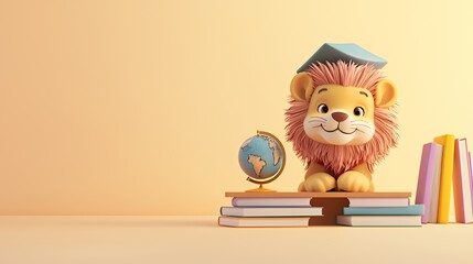 Cute lion with graduation cap, globe, and books on a table, on a yellow background.