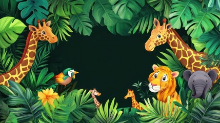 colorful cartoon jungle scene featuring giraffes, a lion, an elephant, and exotic birds among lush f