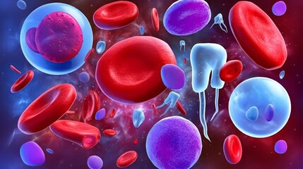 Wall Mural - Microscopic View of Red Blood Cells, White Blood Cells, and Platelets