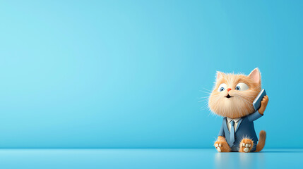 A cute cartoon cat dressed in a suit, talking on the phone, set against a vibrant blue background, perfect for business themes.