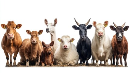 A diverse group of cows, featuring various breeds, standing together against a white background.