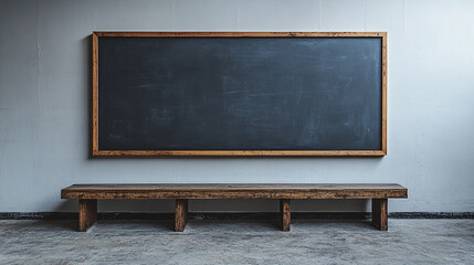 A rustic wooden blackboard mounted on a wall, paired with a sturdy bench, perfect for educational or artistic settings.