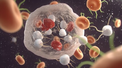 Wall Mural - A White Blood Cell Surrounded by Red Blood Cells and Other Immune Cells