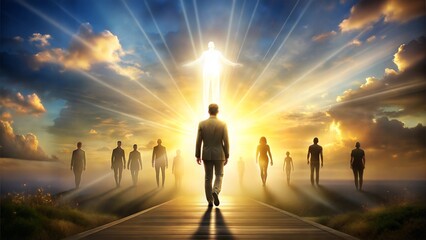 afterlife scene serene figure soul glowing light silhouettes radiant bright horizon faint floating b