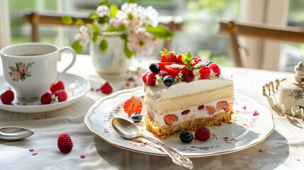 Canvas Print - Delicious Strawberry Cake with Whipped Cream and Fresh Berries